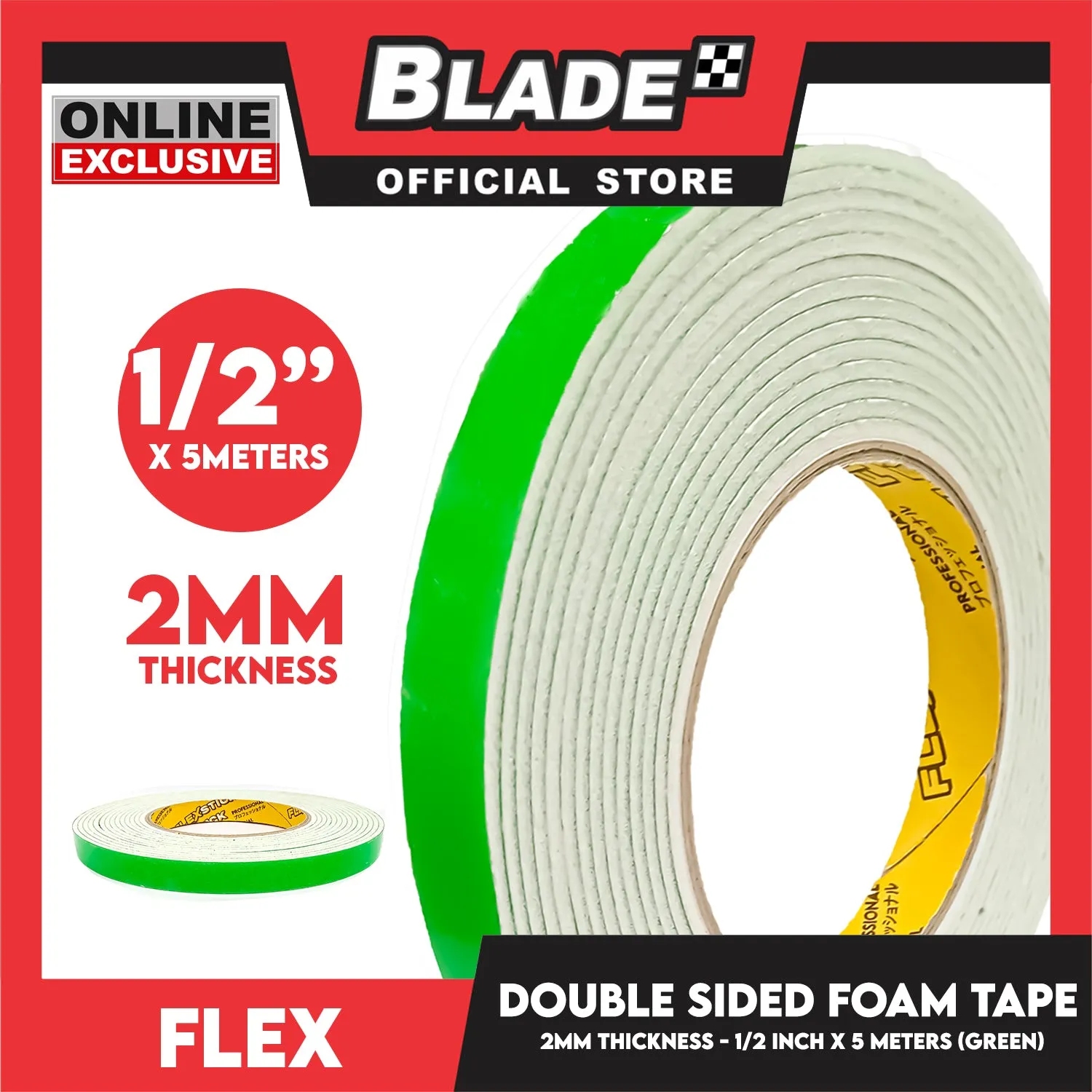 Flex Double Sided Foam Tape 3'' 2mm Thickness 1/2 inch x 5meters (Green)