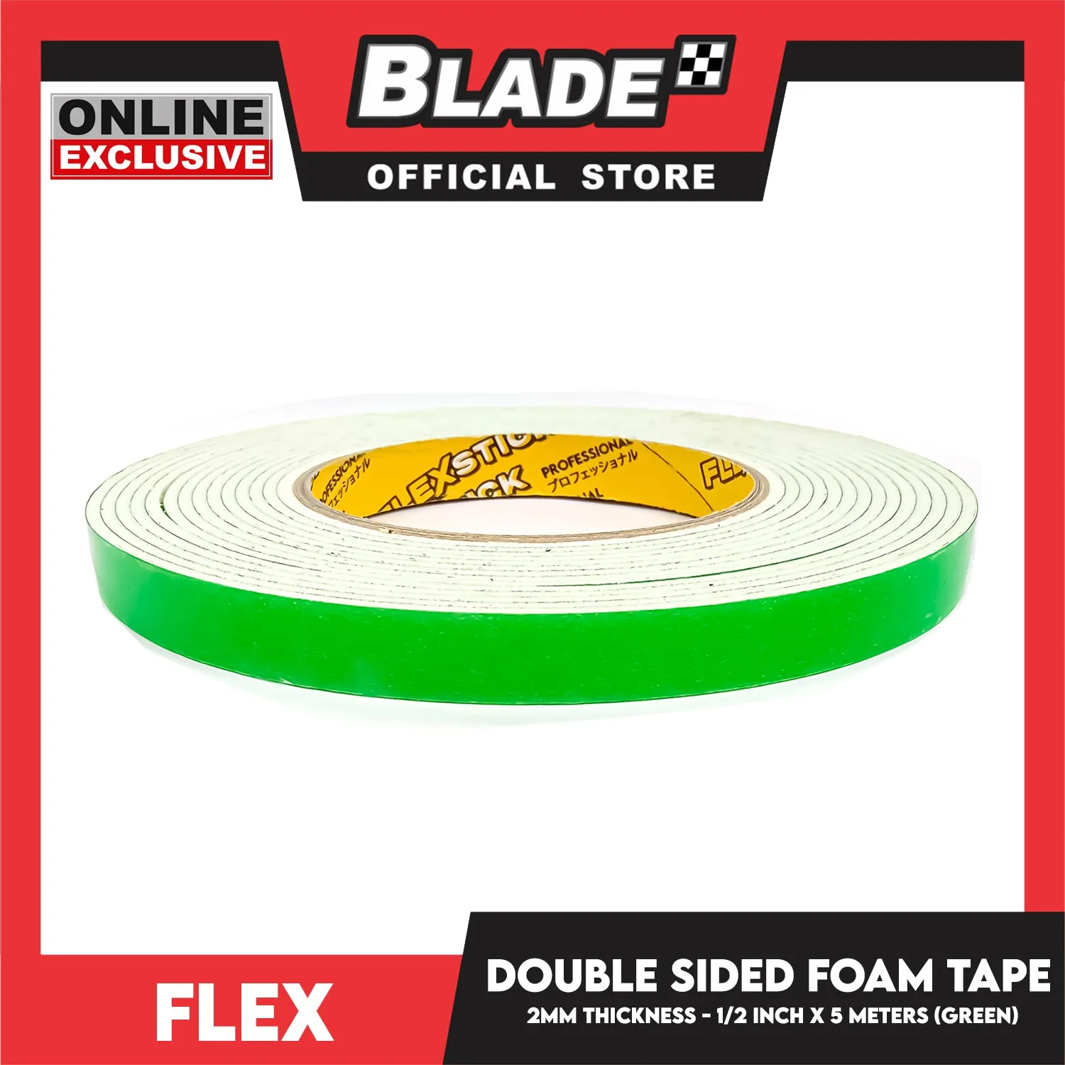 Flex Double Sided Foam Tape 3'' 2mm Thickness 1/2 inch x 5meters (Green)