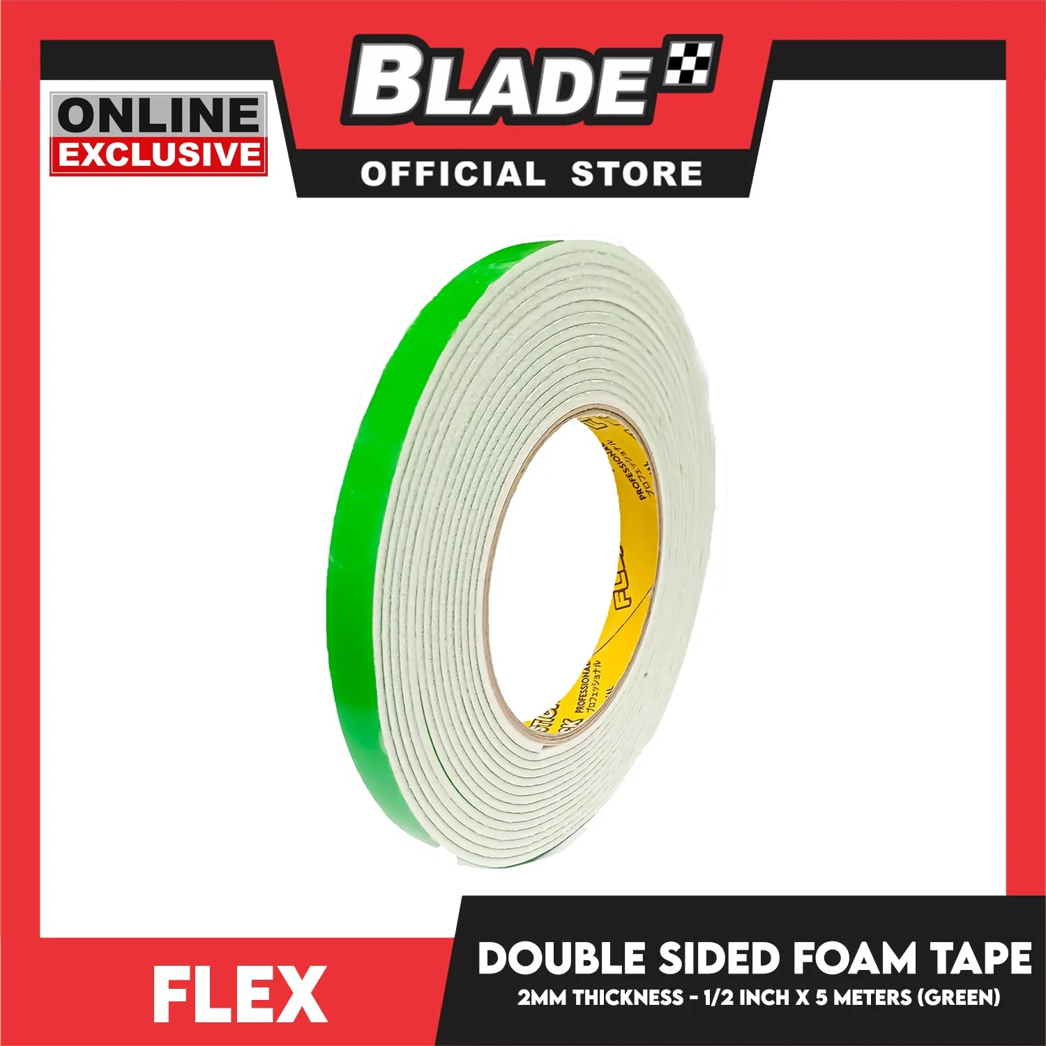 Flex Double Sided Foam Tape 3'' 2mm Thickness 1/2 inch x 5meters (Green)