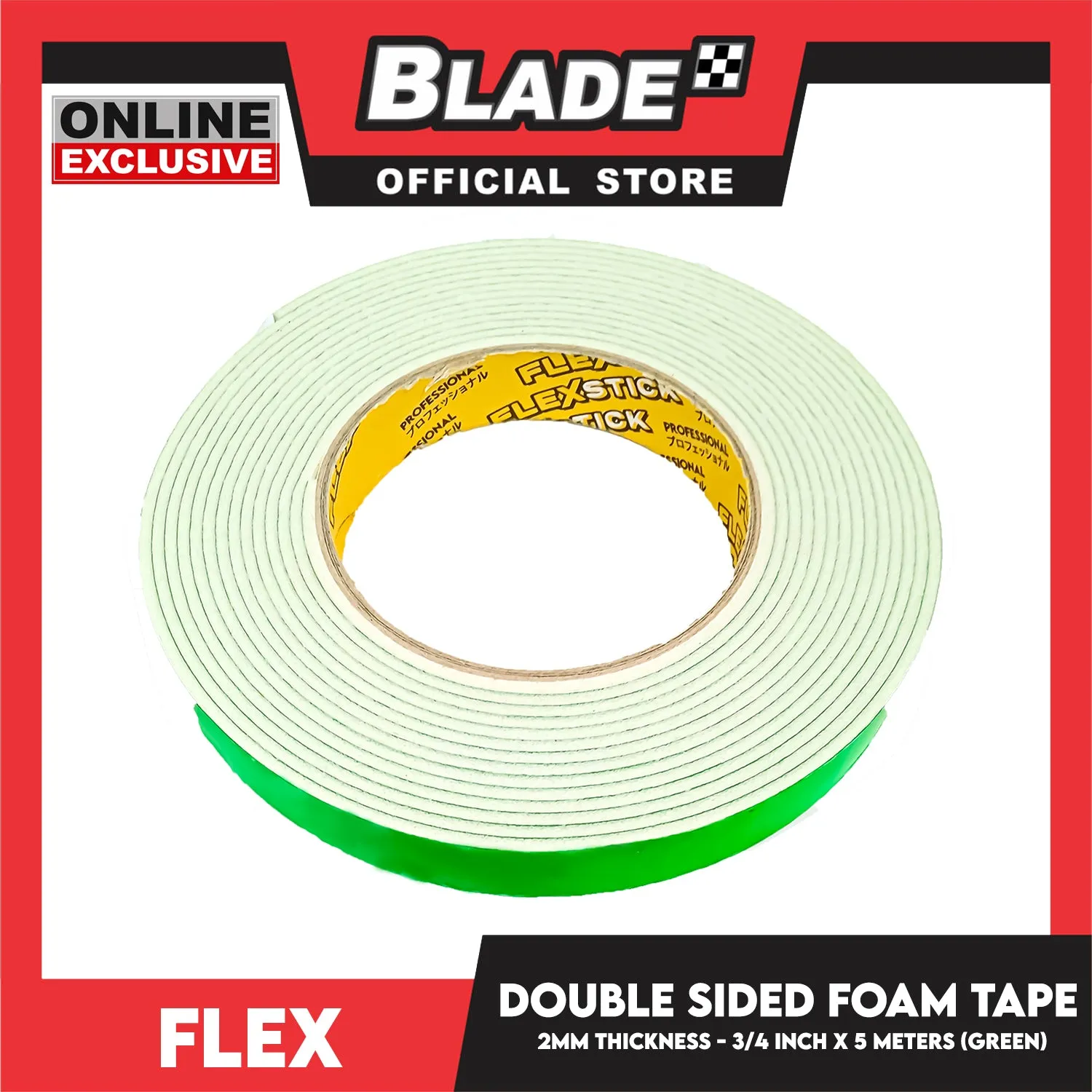 Flex Double Sided Foam Tape 3'' 2mm Thickness 3/4 inch x 5meters (Green)