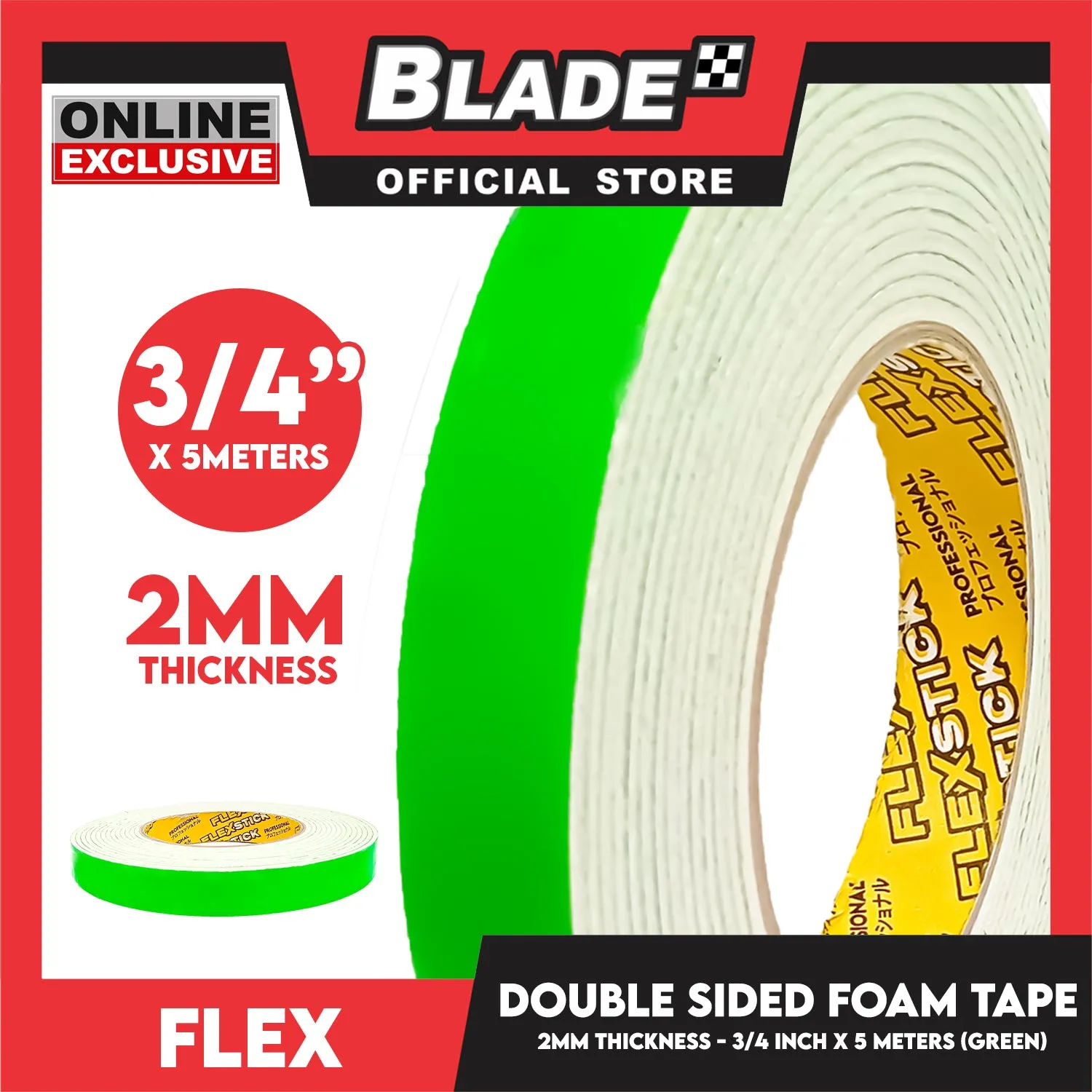Flex Double Sided Foam Tape 3'' 2mm Thickness 3/4 inch x 5meters (Green)