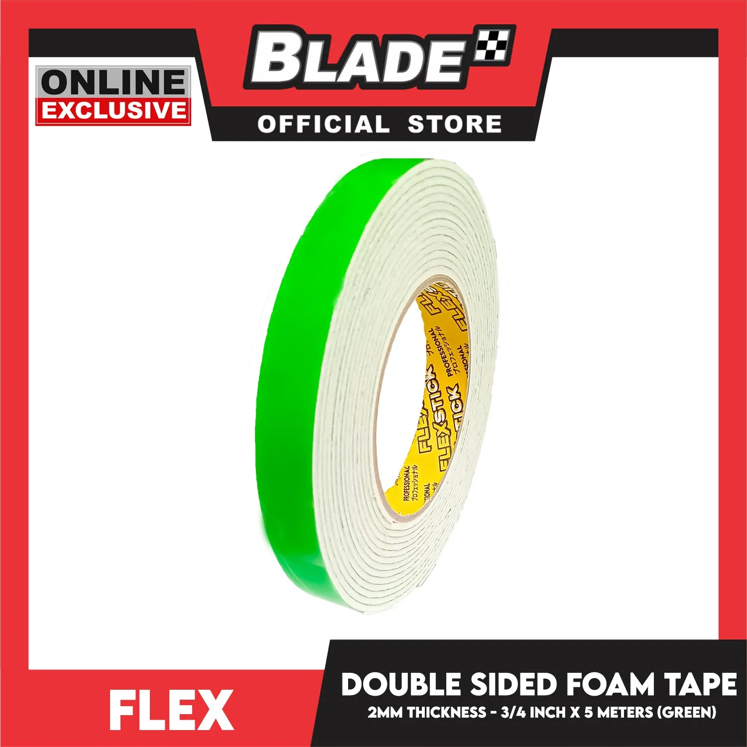Flex Double Sided Foam Tape 3'' 2mm Thickness 3/4 inch x 5meters (Green)