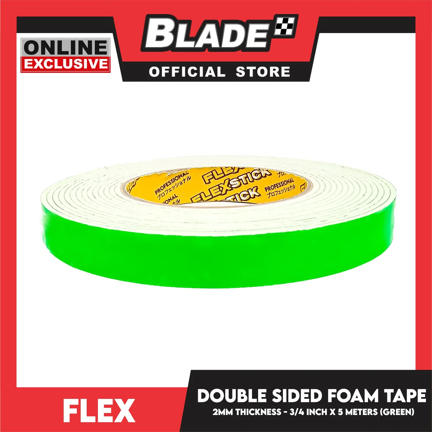 Flex Double Sided Foam Tape 3'' 2mm Thickness 3/4 inch x 5meters (Green)