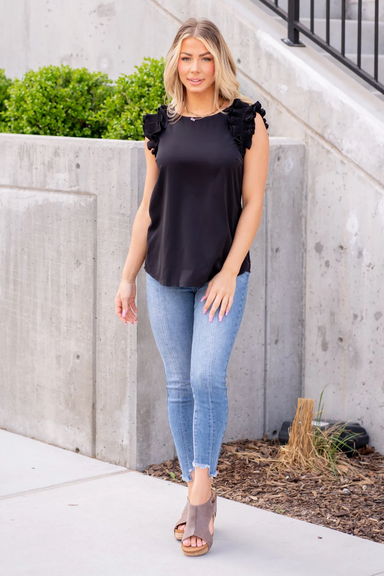 Frilled Sleeveless Woven Top - Black