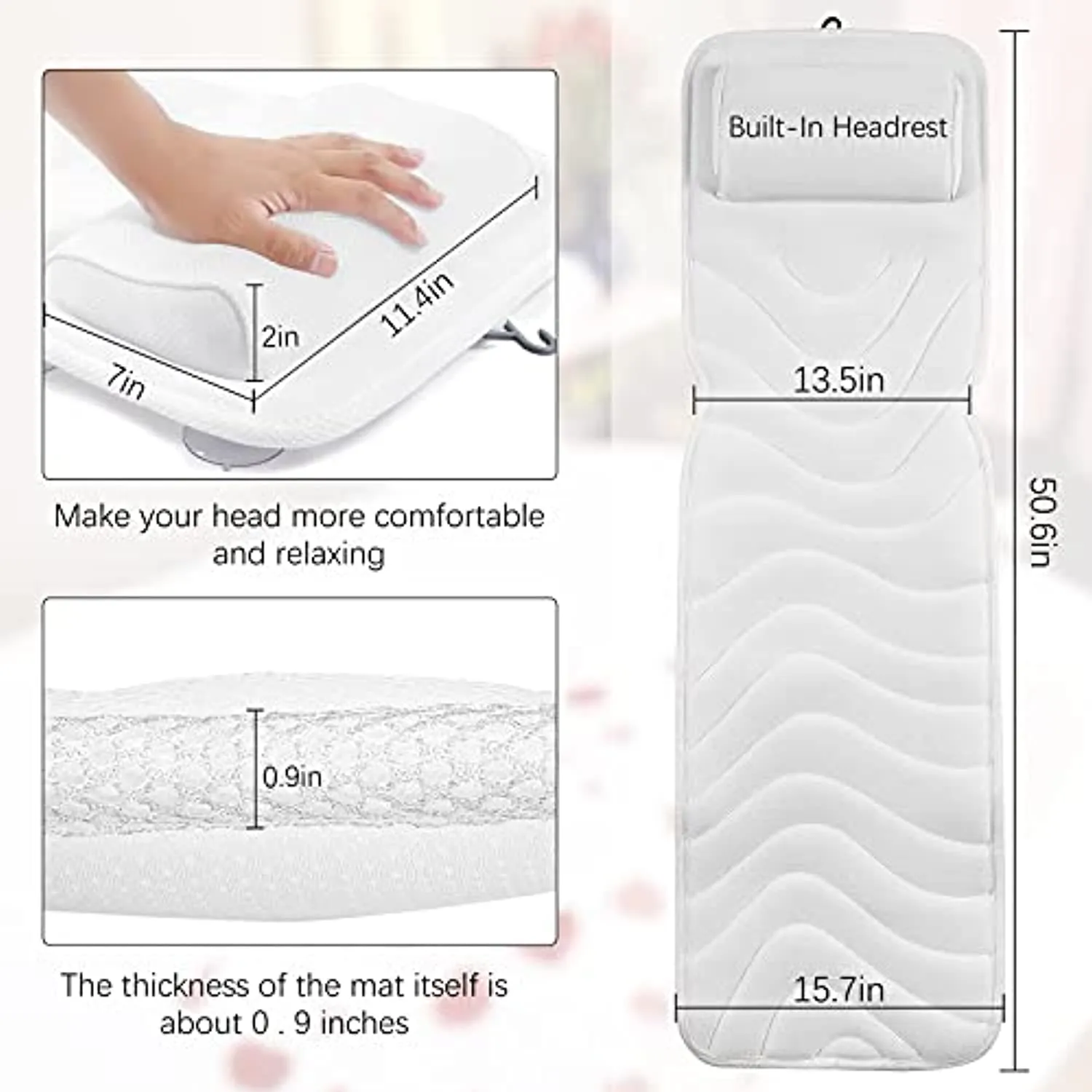 Full Body Bath Pillow, Upgraded Non-Slip Bath Cushion for Tub, Spa Bathtub Pillow Mattress for Head Neck Shoulder and Back Rest Support，Hot Tub Accessories – 50"x 15"