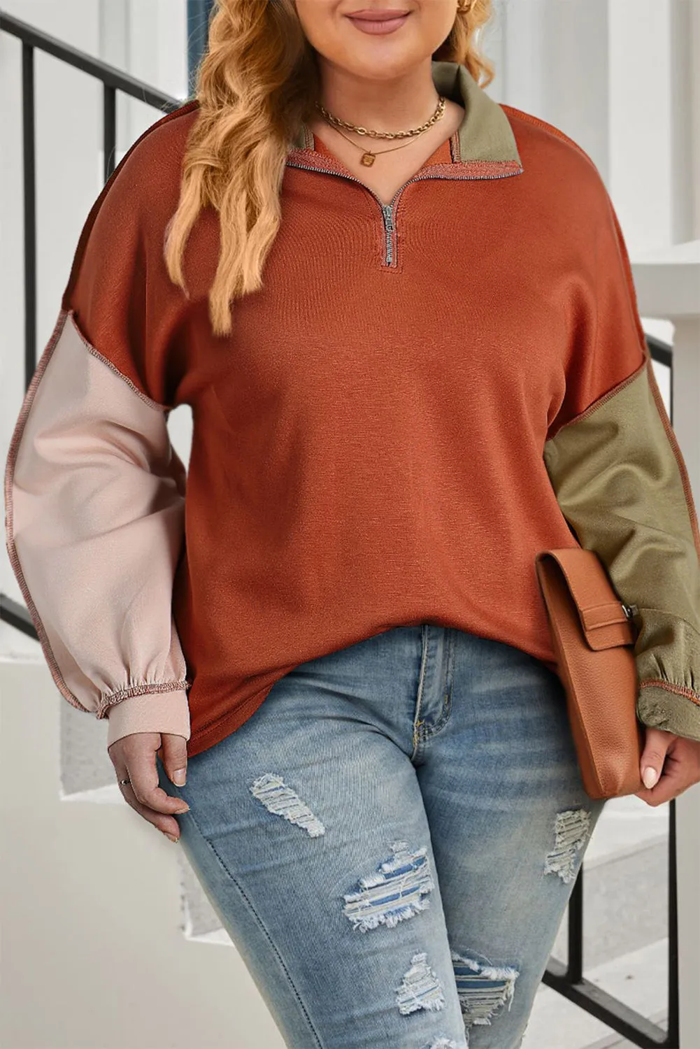 Gold Flame Colorblock Exposed Seam Quarter Zip Plus Sweatshirt