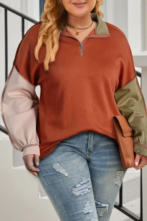 Gold Flame Colorblock Exposed Seam Quarter Zip Plus Sweatshirt
