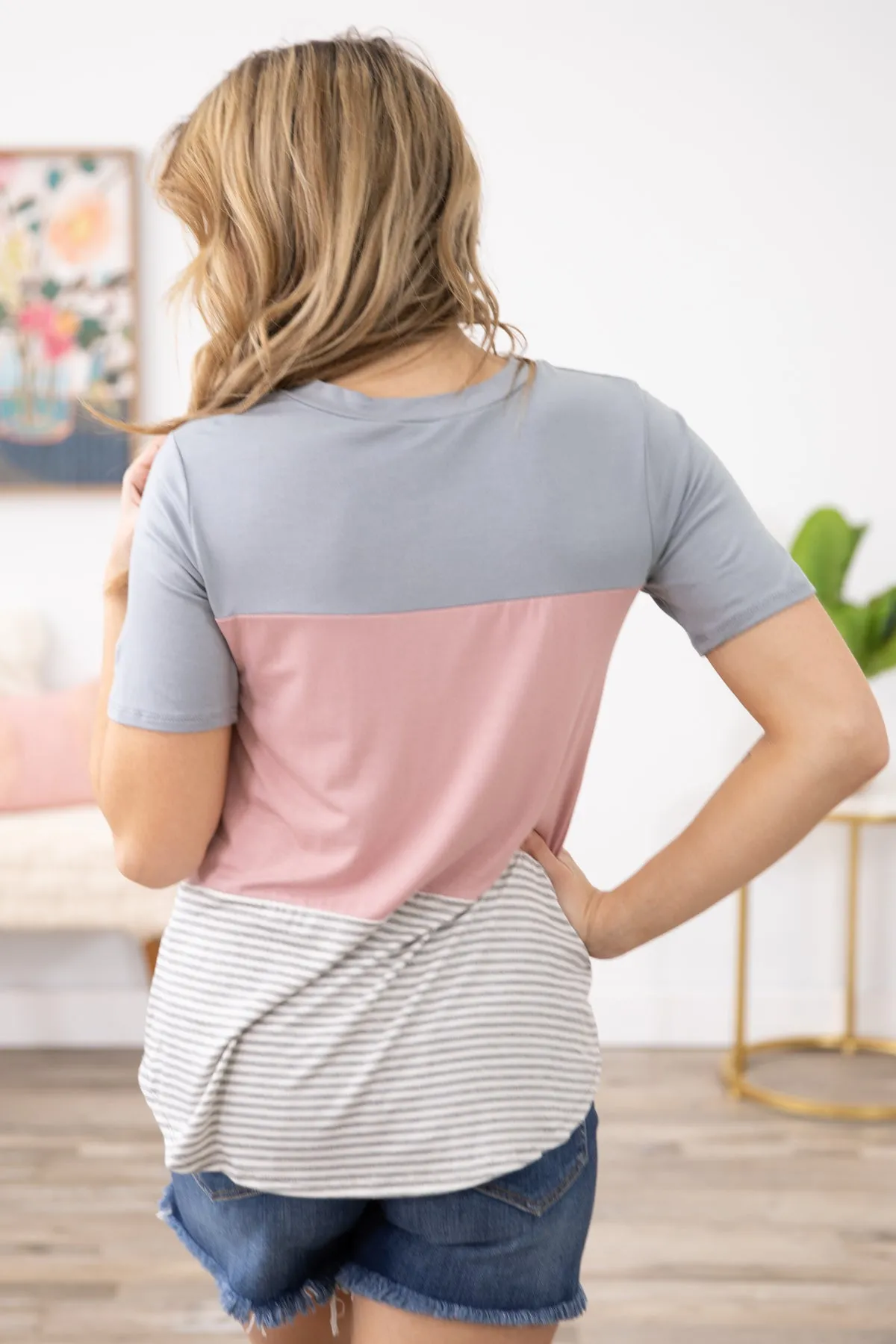 Grey and Blush Stripe Colorblock Top
