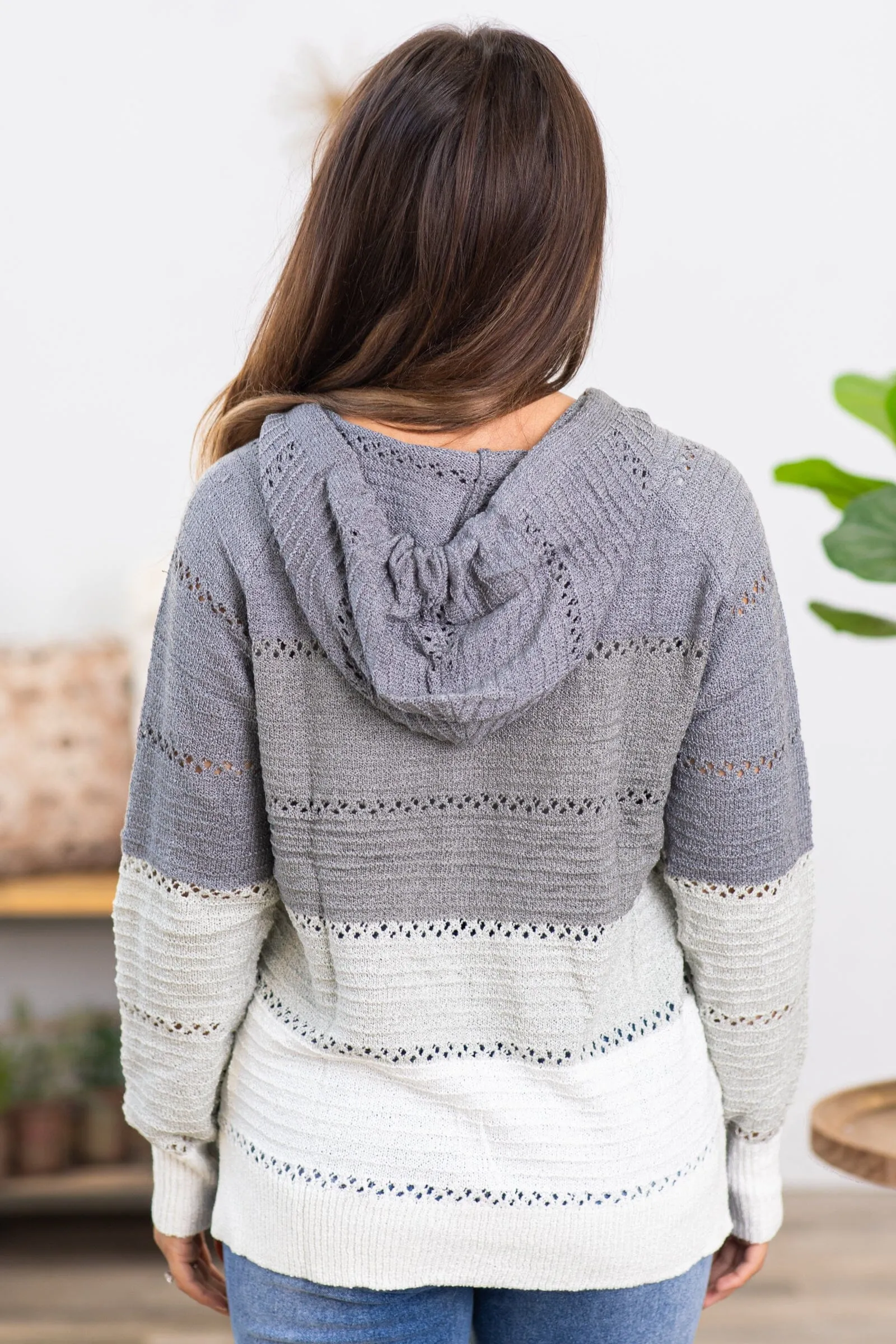 Grey Open Knit Colorblock Hooded Top