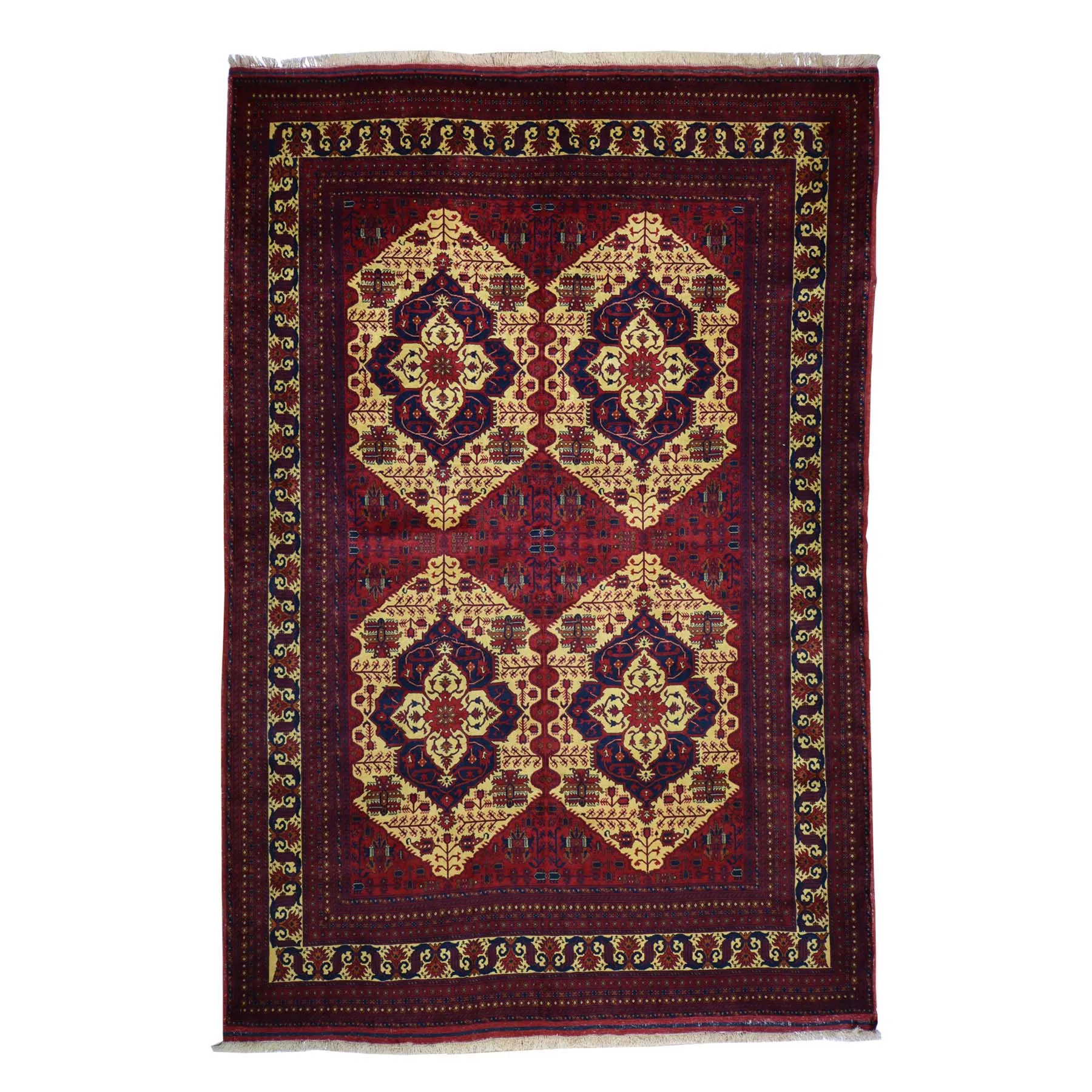 Hand-Knotted Afghan Belgic Turkoman Tribal Wool Rug (Size 6.7 X 9.3) Brral-2655