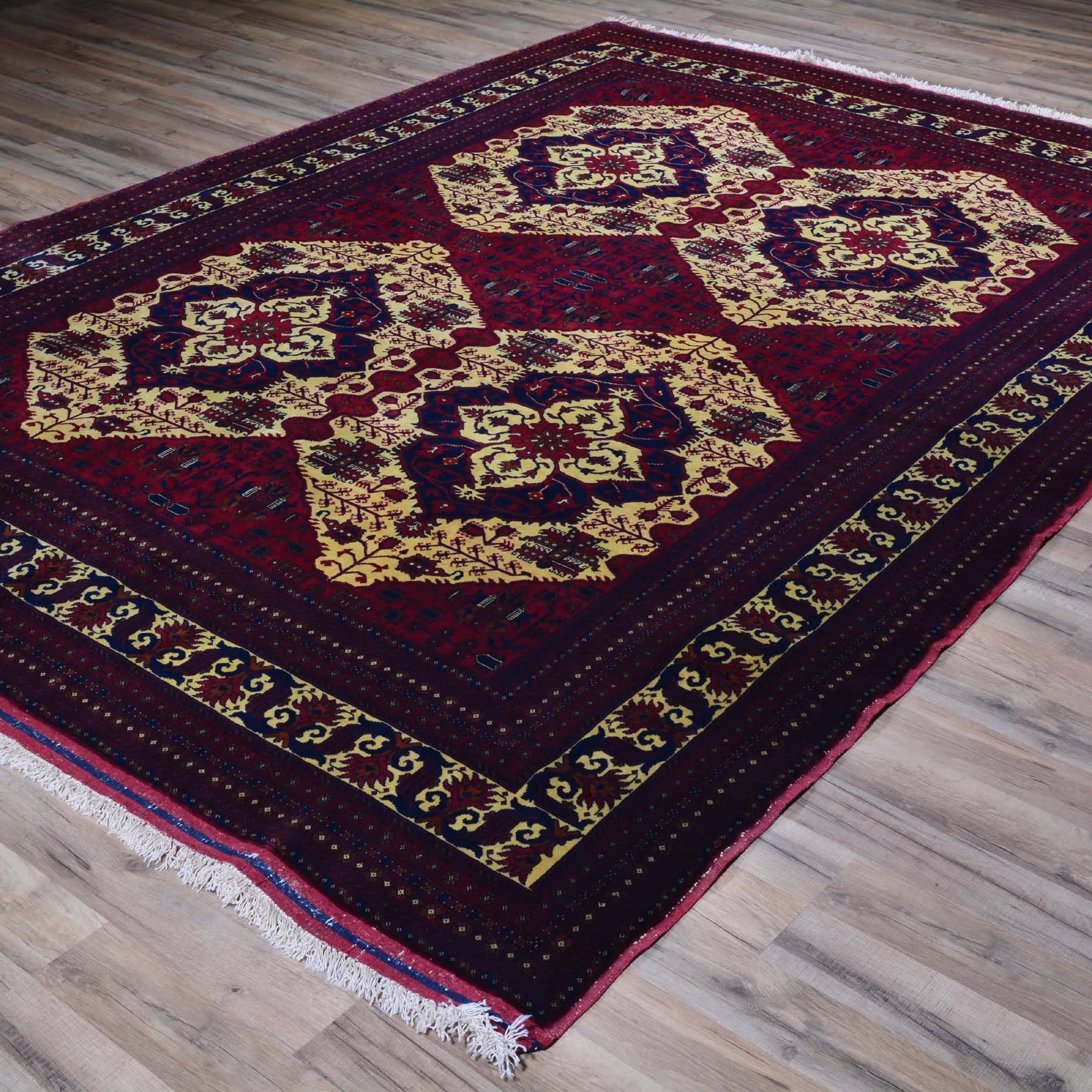 Hand-Knotted Afghan Belgic Turkoman Tribal Wool Rug (Size 6.7 X 9.3) Brral-2655