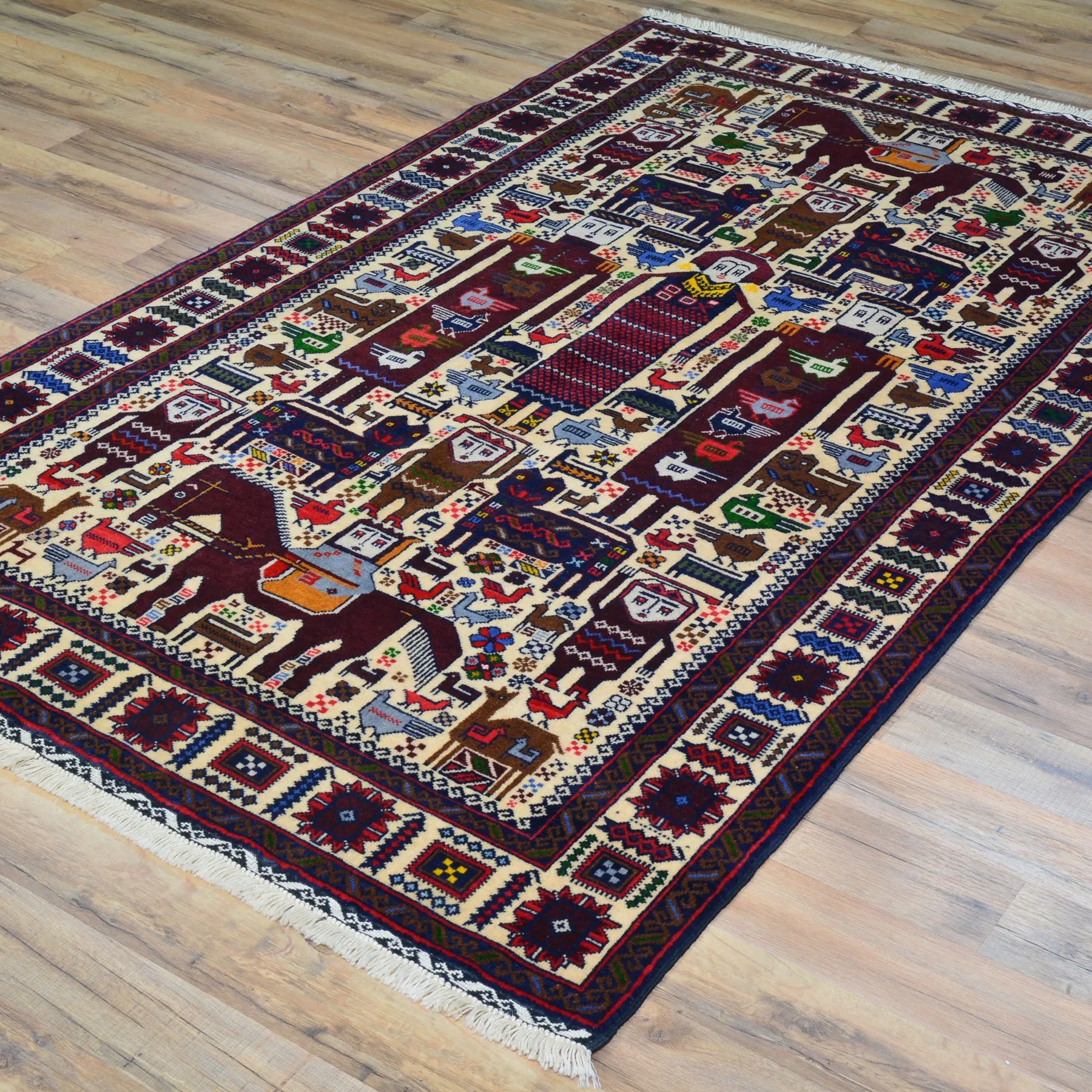 Hand-Knotted Afghan Tribal Pictorial Design Wool Handmade Rug (Size 3.9 X 6.2) Cwral-9117
