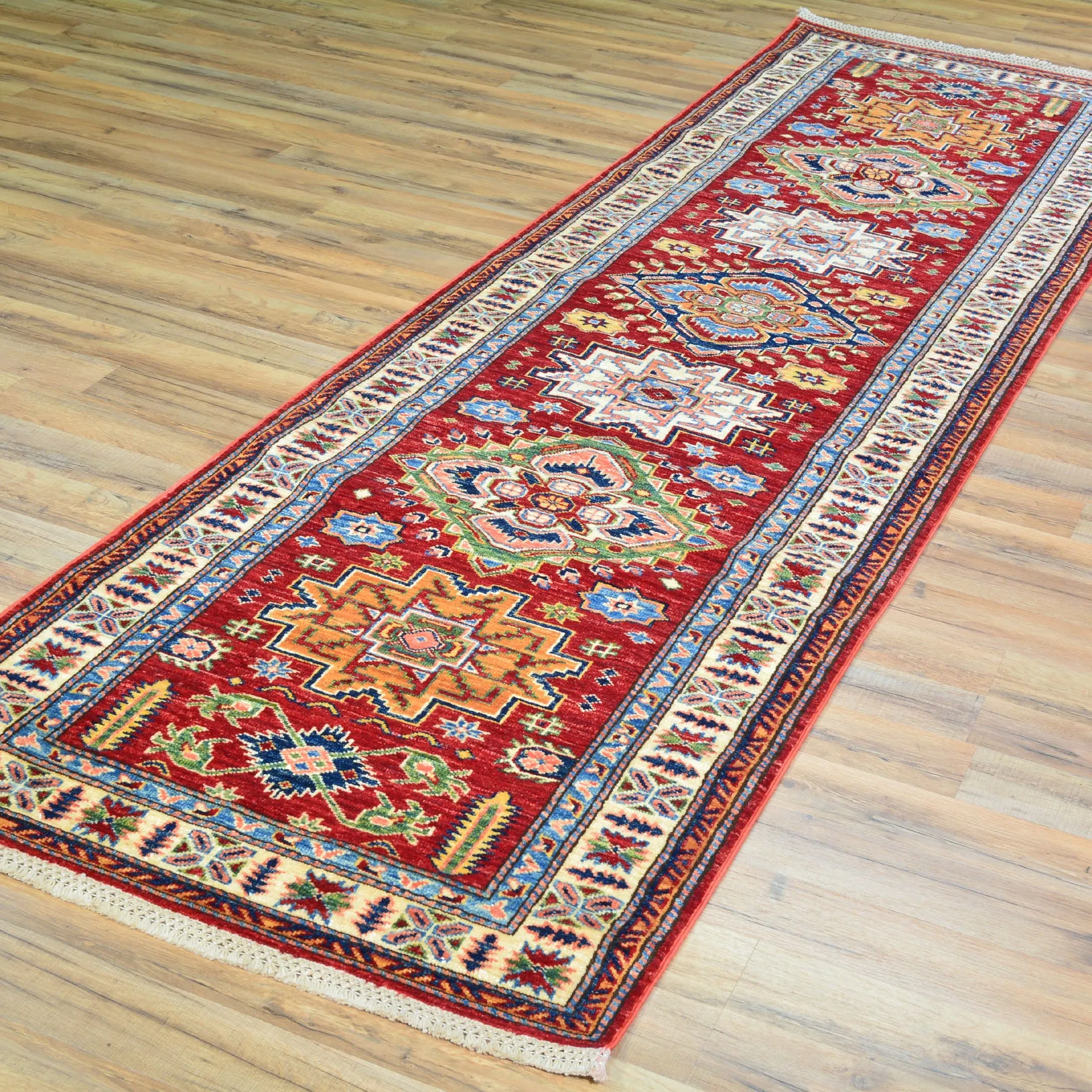 Hand-Knotted Fine Kazak Rug Geometric Handmade 100% Wool (Size 2.9 X 9.8) Cwral-2874