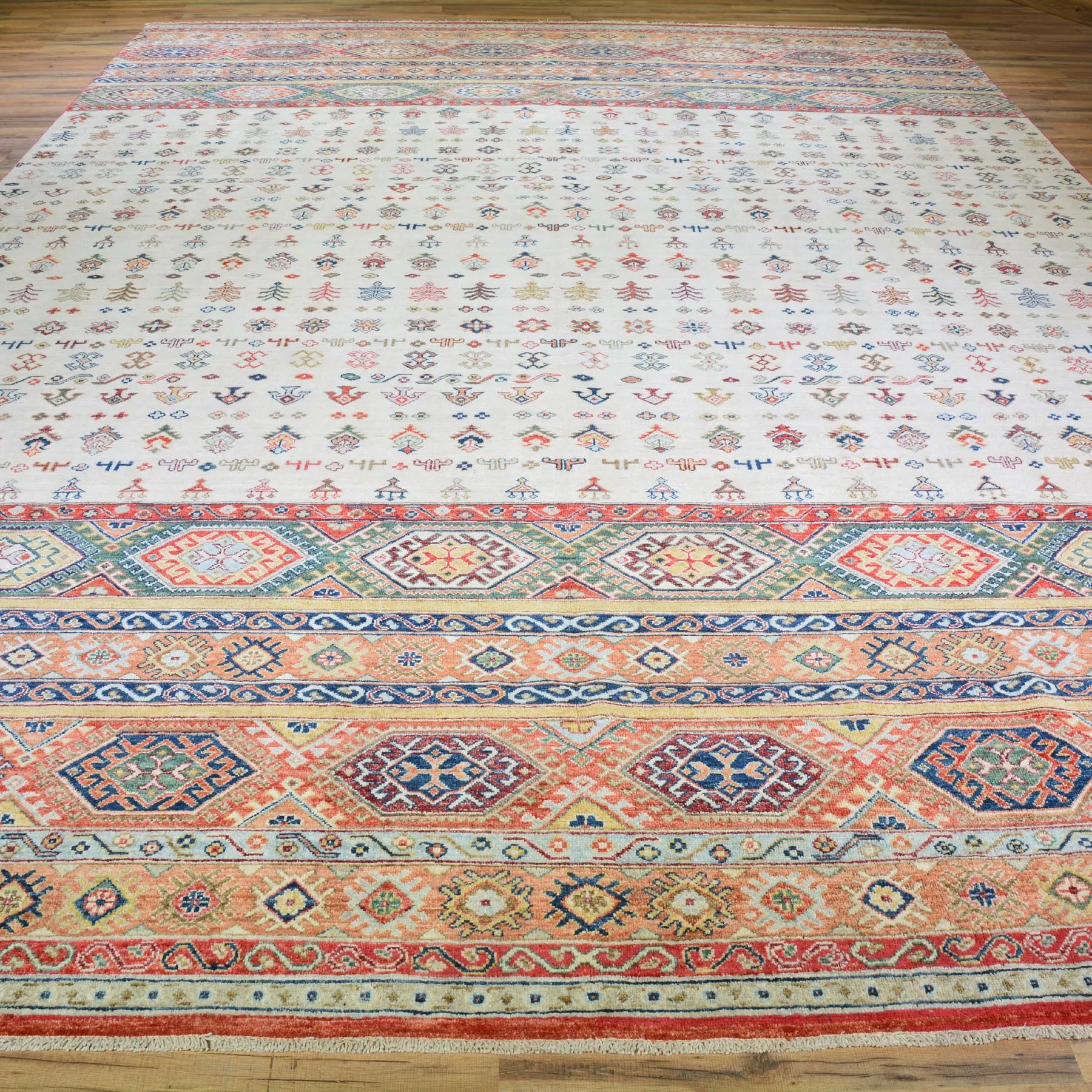 Hand-Knotted Khorjin Design Super Kazak Wool Rug (Size 10.3 X 13.9) Cwral-7215