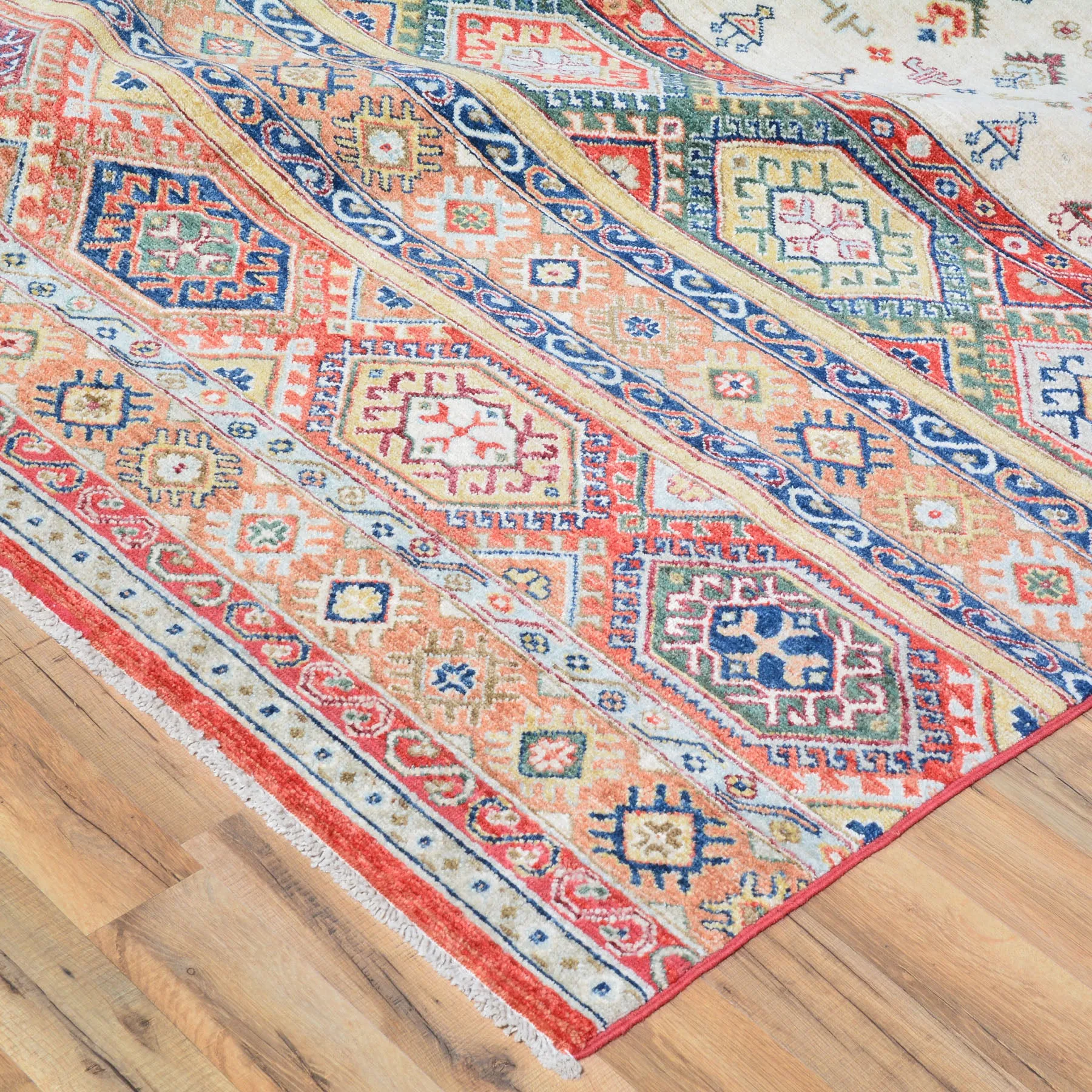 Hand-Knotted Khorjin Design Super Kazak Wool Rug (Size 10.3 X 13.9) Cwral-7215