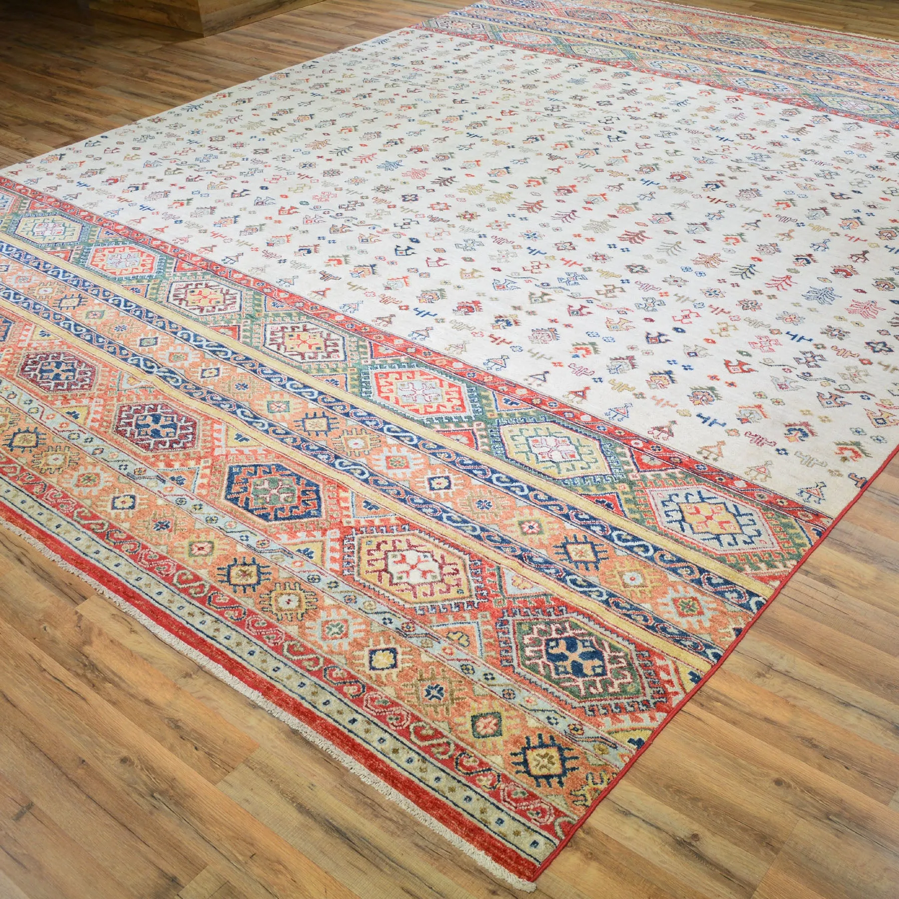 Hand-Knotted Khorjin Design Super Kazak Wool Rug (Size 10.3 X 13.9) Cwral-7215