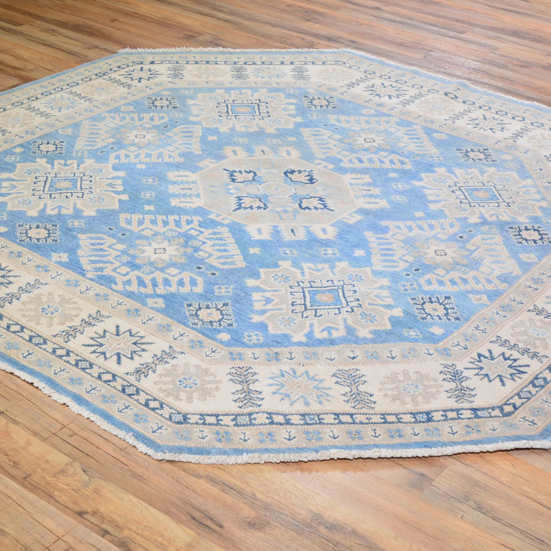 Hand-Knotted Octagon Vintage Look Kazak Design Wool Rug (Size 6.0 X 6.0) Cwral-7947