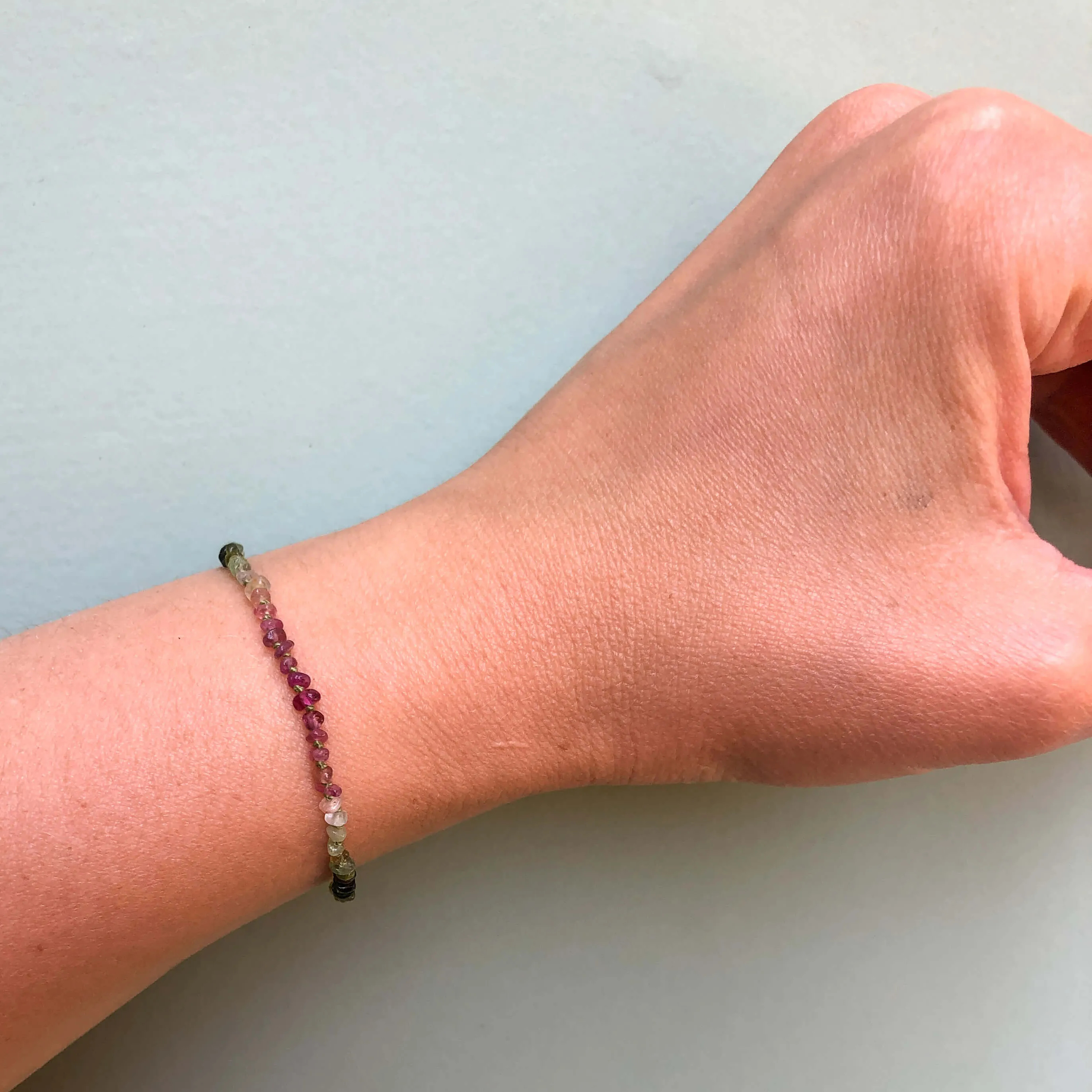 Hand Knotted Ombre Pink and Green Tourmaline Nugget Bracelet