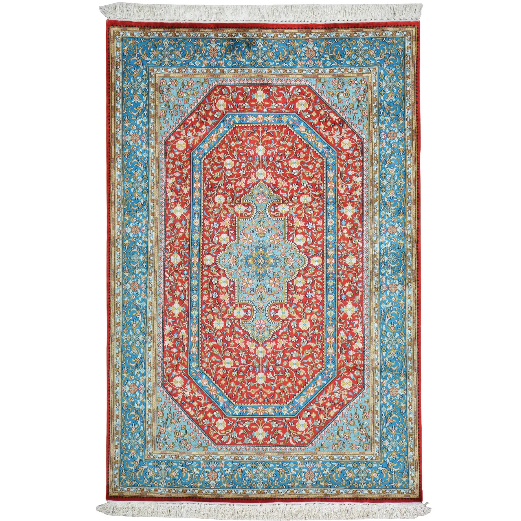 Hand-Knotted Traditional Design Kashmiri Silk/Silk Handmade Rug (Size 4.1 X 6.1) Cwral-9975