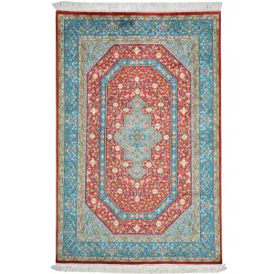 Hand-Knotted Traditional Design Kashmiri Silk/Silk Handmade Rug (Size 4.1 X 6.1) Cwral-9975