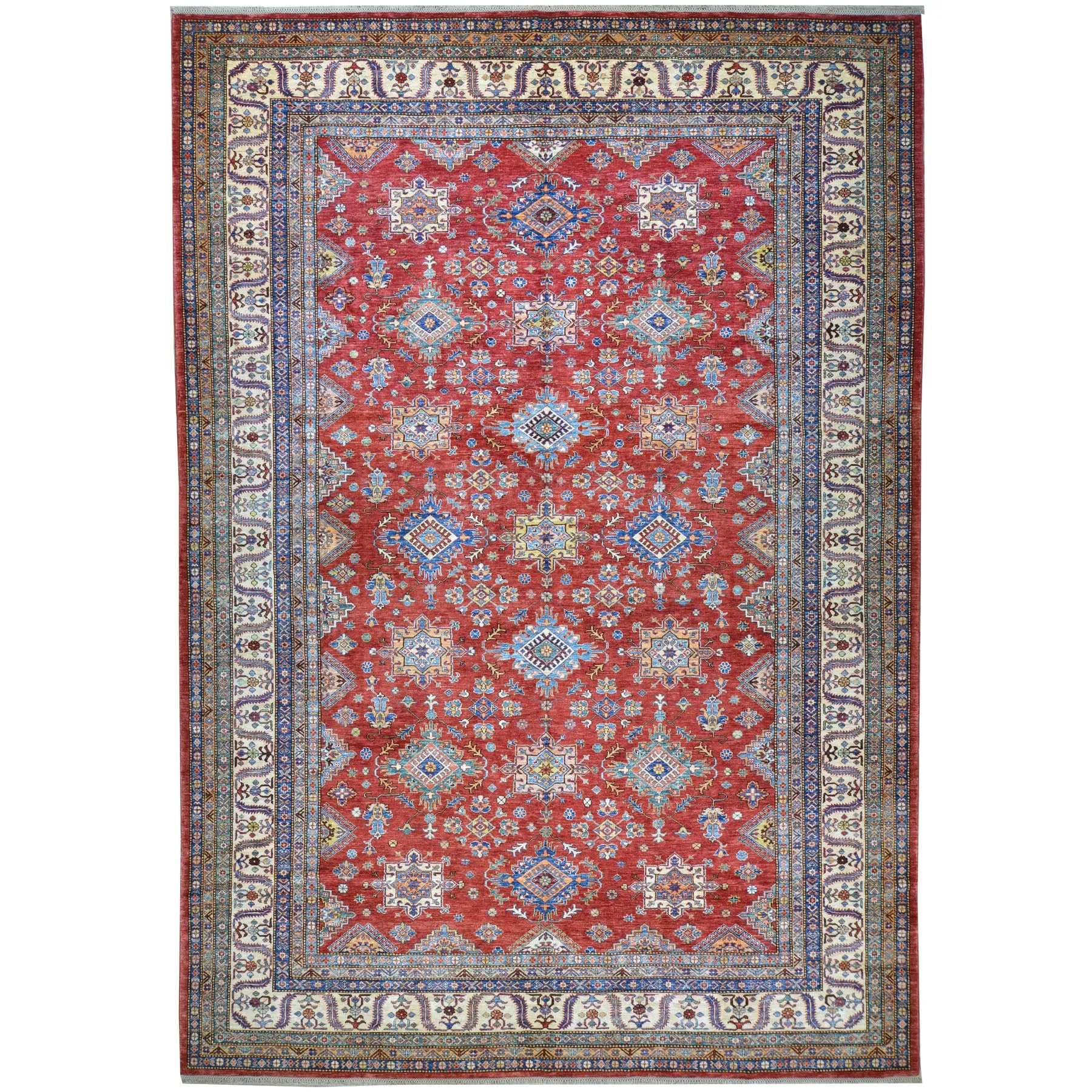Hand-Knotted Tribal Super Kazak Design Wool Rug (Size 9.10 X 13.9) Cwral-6024