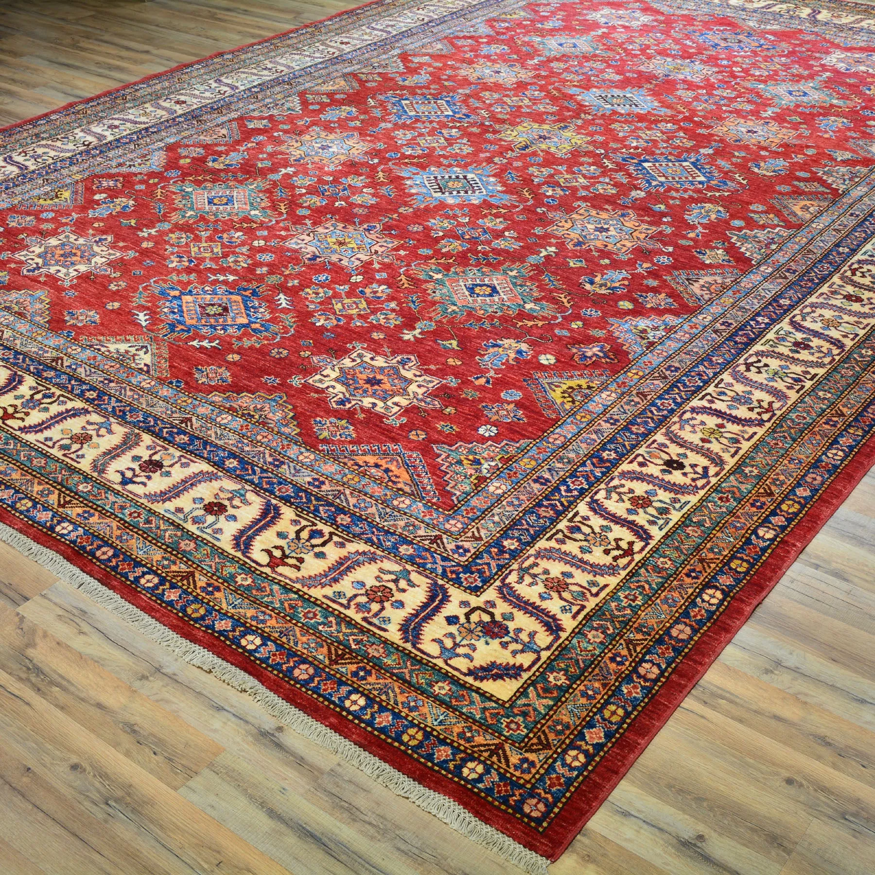 Hand-Knotted Tribal Super Kazak Design Wool Rug (Size 9.10 X 13.9) Cwral-6024