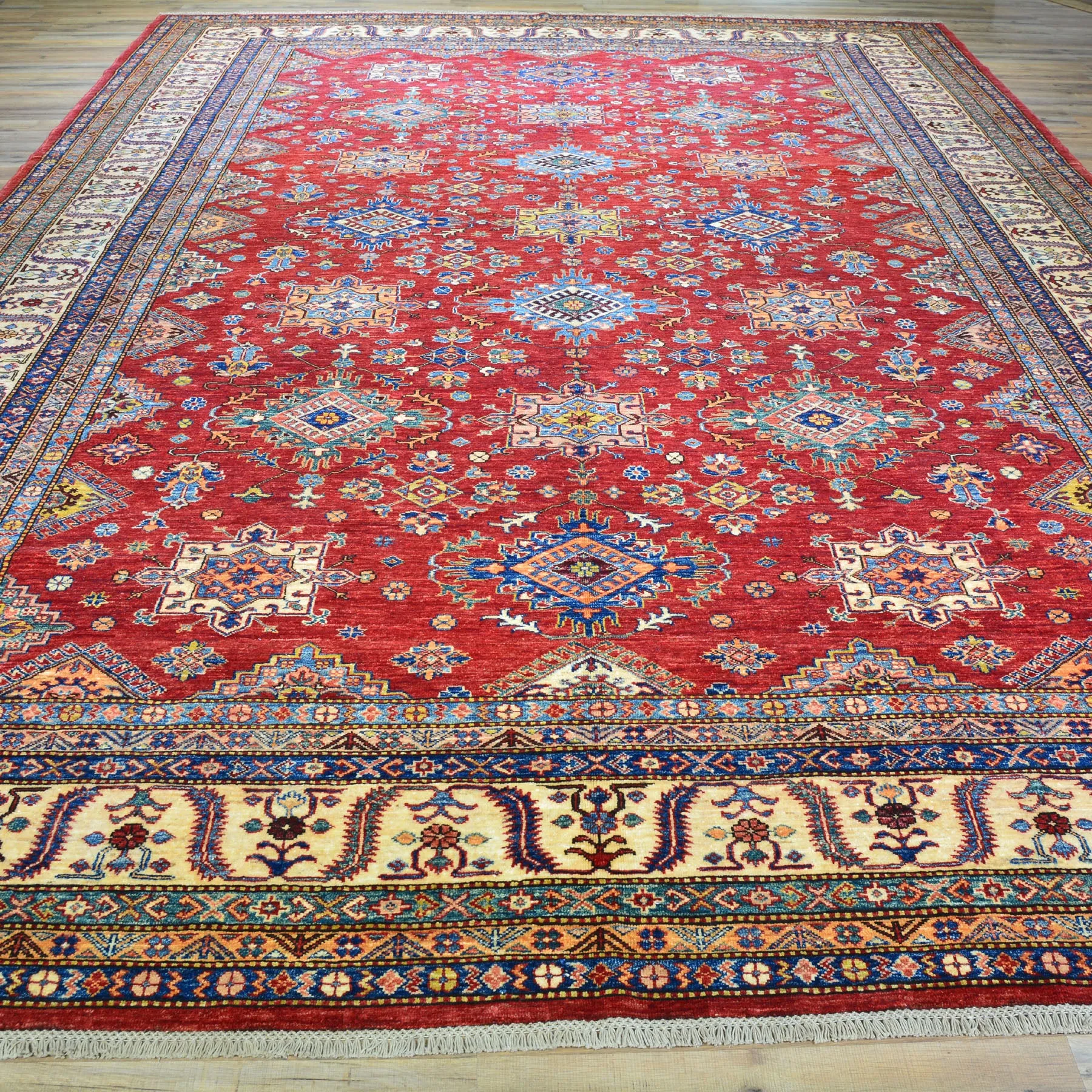 Hand-Knotted Tribal Super Kazak Design Wool Rug (Size 9.10 X 13.9) Cwral-6024