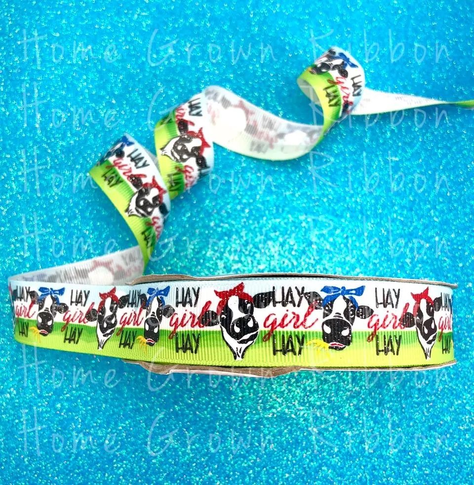 Hay Girl Hay Sassy Cow USDR Ribbon on Grass and Sky Background - 7/8 Inch - 1.5 Inch - 3 Inch