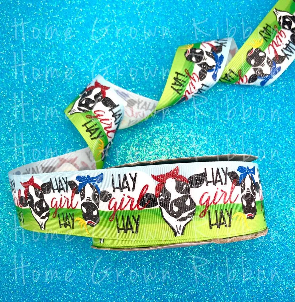 Hay Girl Hay Sassy Cow USDR Ribbon on Grass and Sky Background - 7/8 Inch - 1.5 Inch - 3 Inch