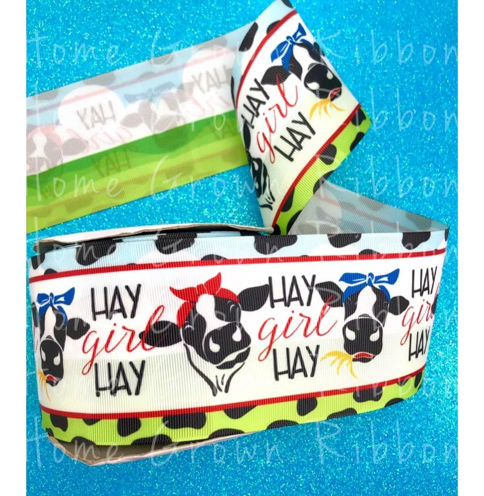 Hay Girl Hay Sassy Cow USDR Ribbon on Grass and Sky Background - 7/8 Inch - 1.5 Inch - 3 Inch