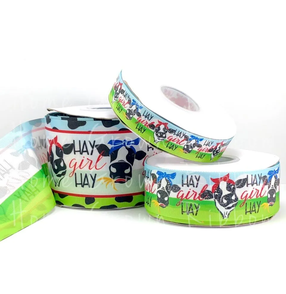 Hay Girl Hay Sassy Cow USDR Ribbon on Grass and Sky Background - 7/8 Inch - 1.5 Inch - 3 Inch