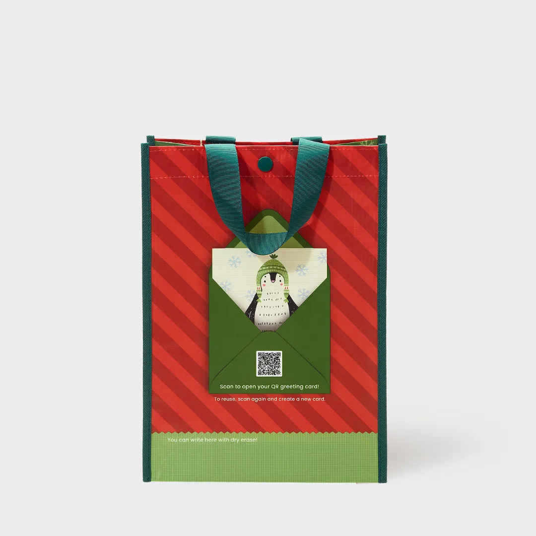 Holiday Penguin | Medium | Reusable Gift Bag   QR Greeting Card