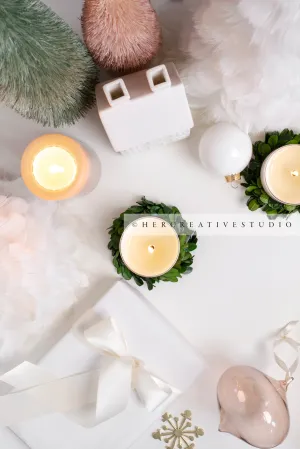 Holiday Tablescape with gift, Trees & Candles, Styled Image