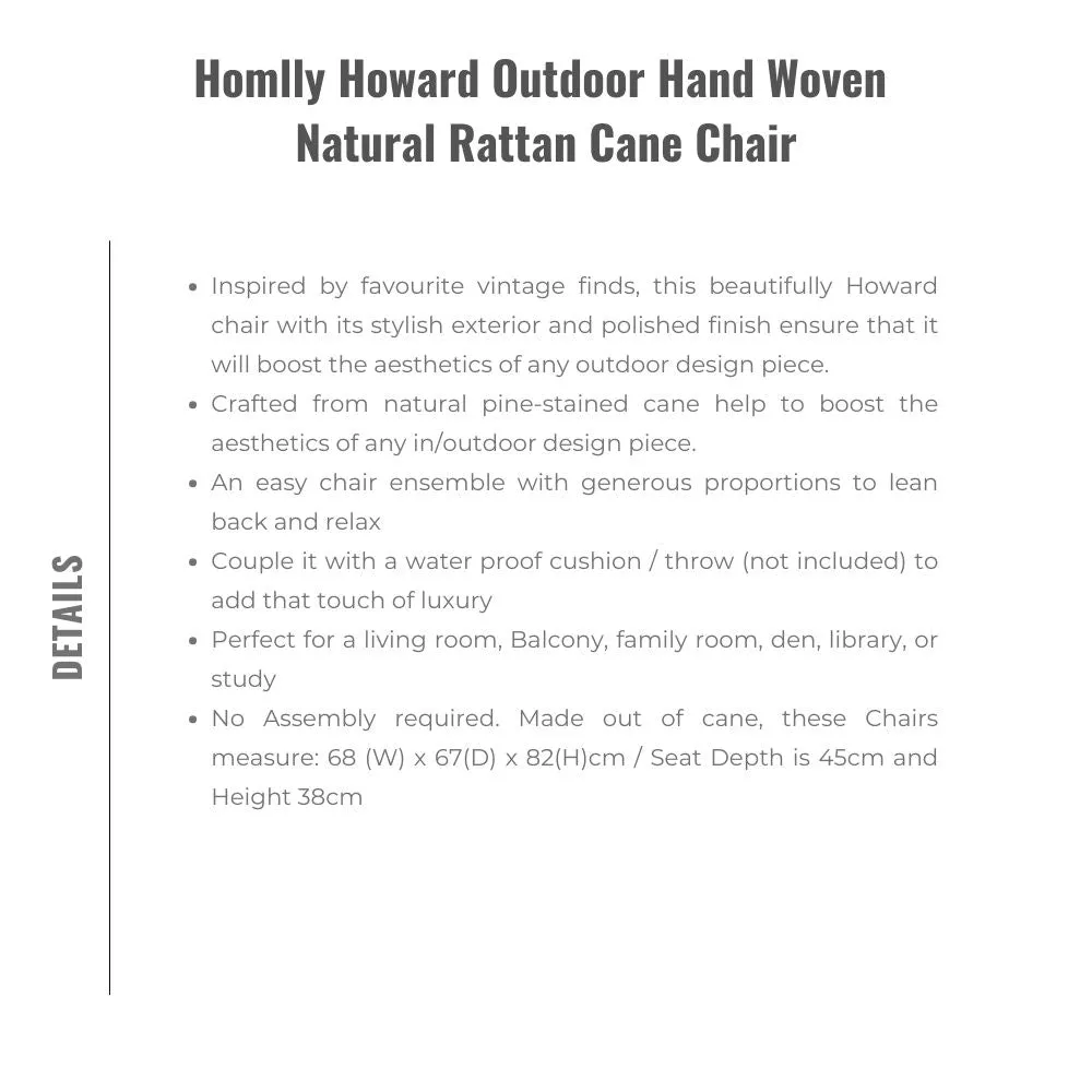 Homlly Howard Outdoor Hand Woven Natural Rattan Cane Chair