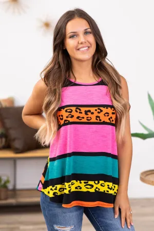 Hot Pink Colorblock Animal Print Tank