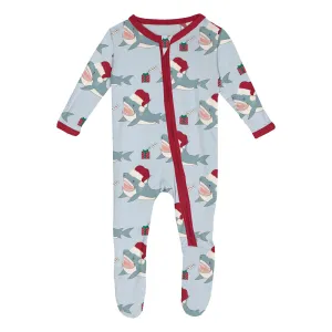 Illusion Blue Holiday Sharks Footie with 2-way zipper - Holiday