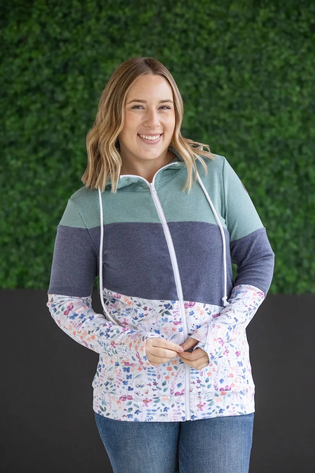 IN STOCK Colorblock Fullzip - Sage, Navy, Floral Paradise