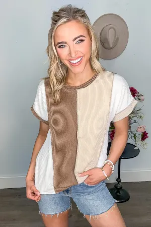 Ivory and Taupe Colorblock Ribbed Top