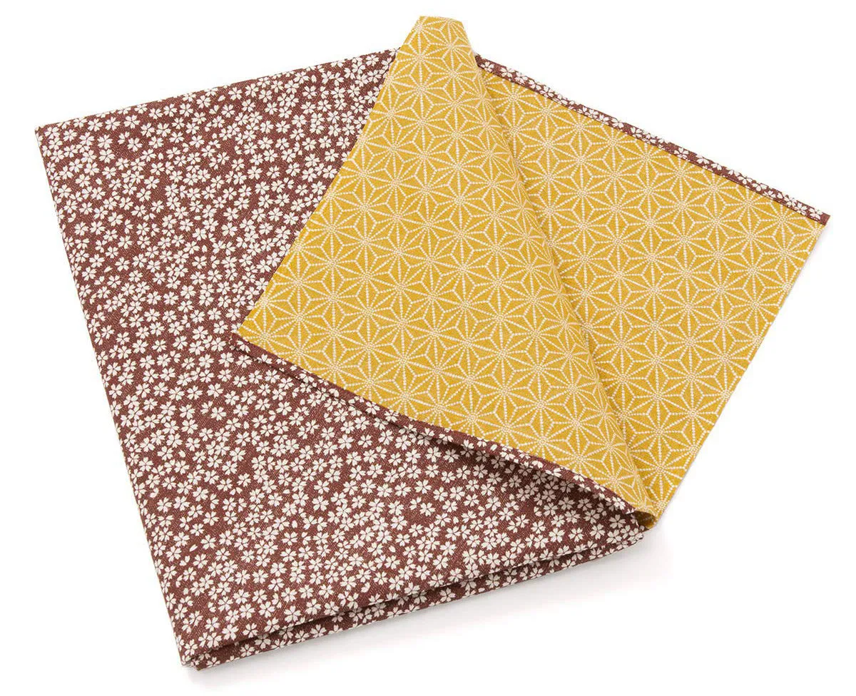 Komon - Double-Sided Dyeing - Kozakura x Asanoha (Broun x Gold Broun) 茶×金茶  50 x 50 cm - Furoshiki (Japanese Wrapping Cloth)