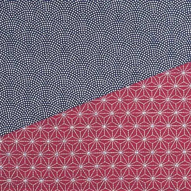 Komon - Double-Sided Dyeing - Samekomon x Asanoha (Navy x Rikyu) さざら織両面ふろしき（鮫小紋×麻葉）紺×利休  105 x 105 cm - Furoshiki (Japanese Wrapping Cloth)