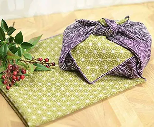 Komon - Double-Sided Dyeing - Samekomon x Asanoha (Purple x Rikyu) さざら織両面ふろしき（鮫小紋×麻葉）紫×利休 105 x 105 cm - Furoshiki (Japanese Wrapping Cloth)