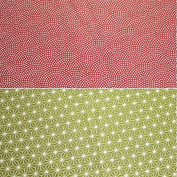 Komon - Double-Sided Dyeing - Samekomon x Asanoha (Red x Rikyu) さざら織両面ふろしき（鮫小紋×麻葉）赤×利休  105 x 105 cm - Furoshiki (Japanese Wrapping Cloth)