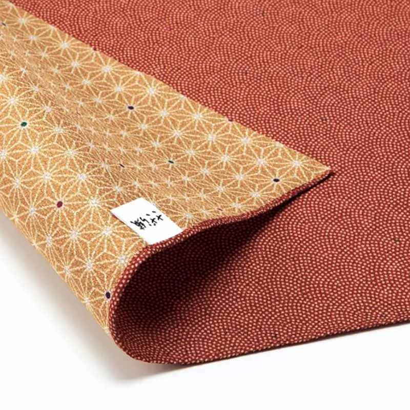 Komon - Double-Sided Dyeing - Samekomon x Asanoha さざら織両面ふろしき（鮫小紋×麻葉） (Vermilion x Gold Brown)  朱×金茶  48 x 48 cm - Furoshiki (Japanese Wrapping Cloth)