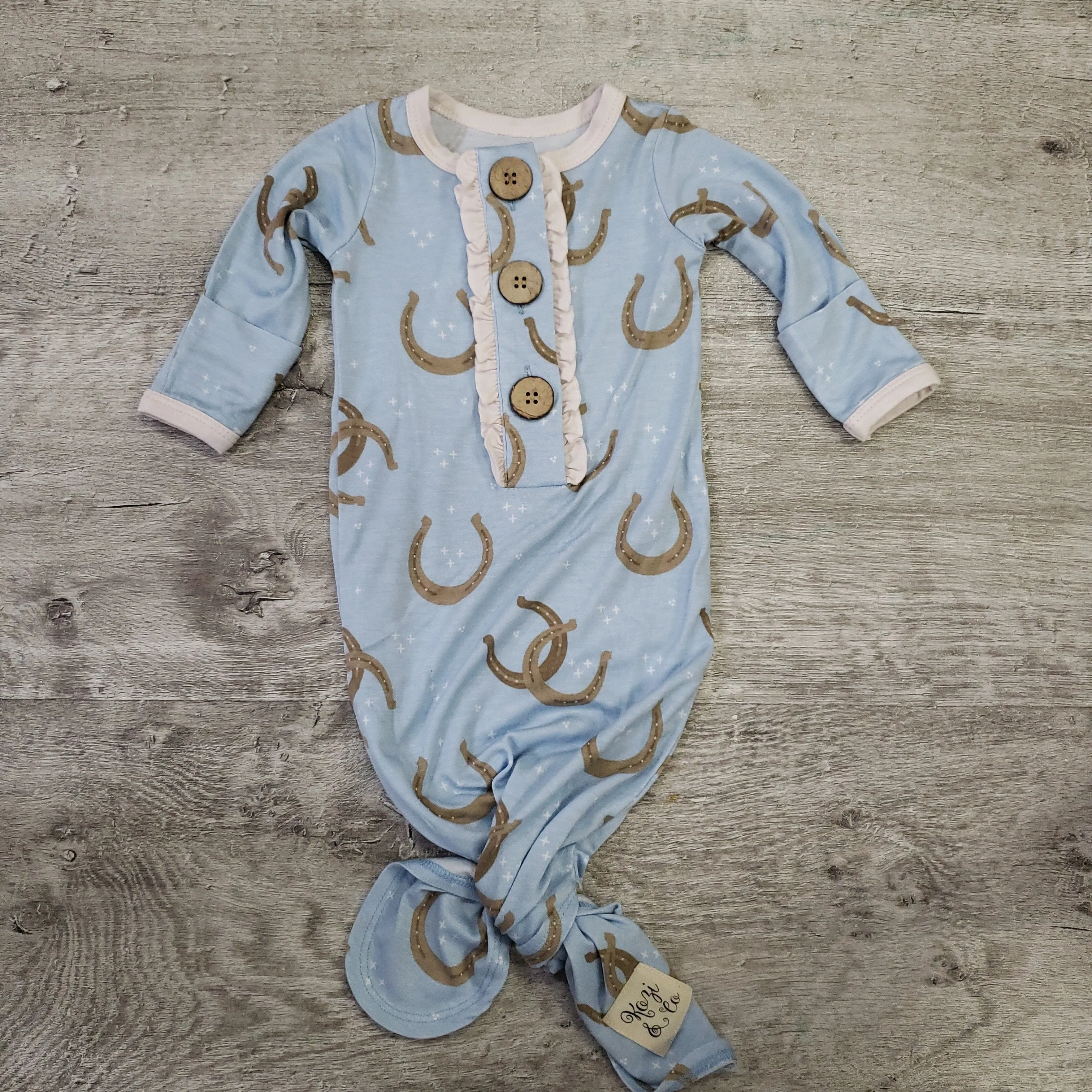 Kozi & Co. Blue Horseshoes Ruffle Knotted Gown (0-3M)