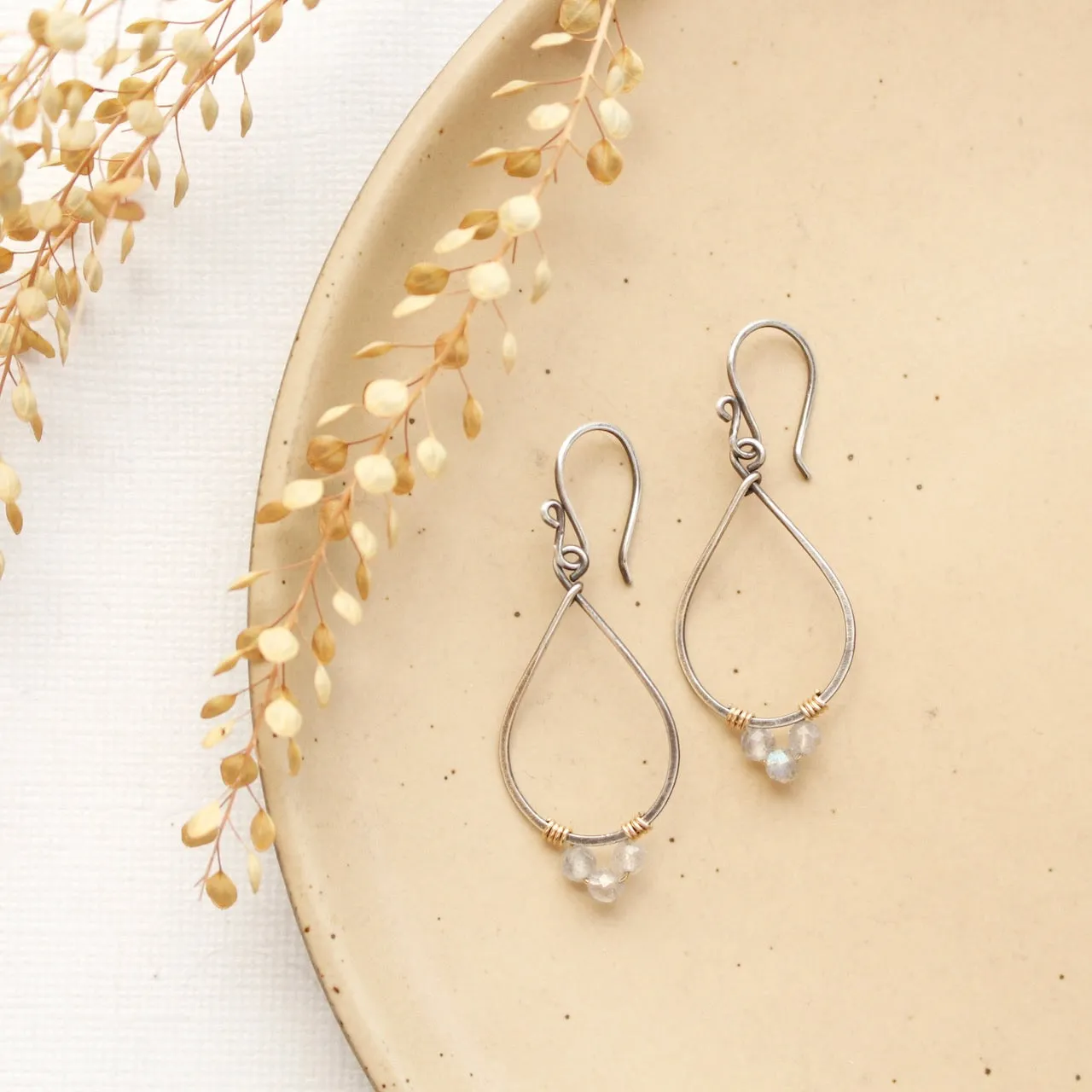 Labradorite Wrapped Teardrop Hoop Earrings