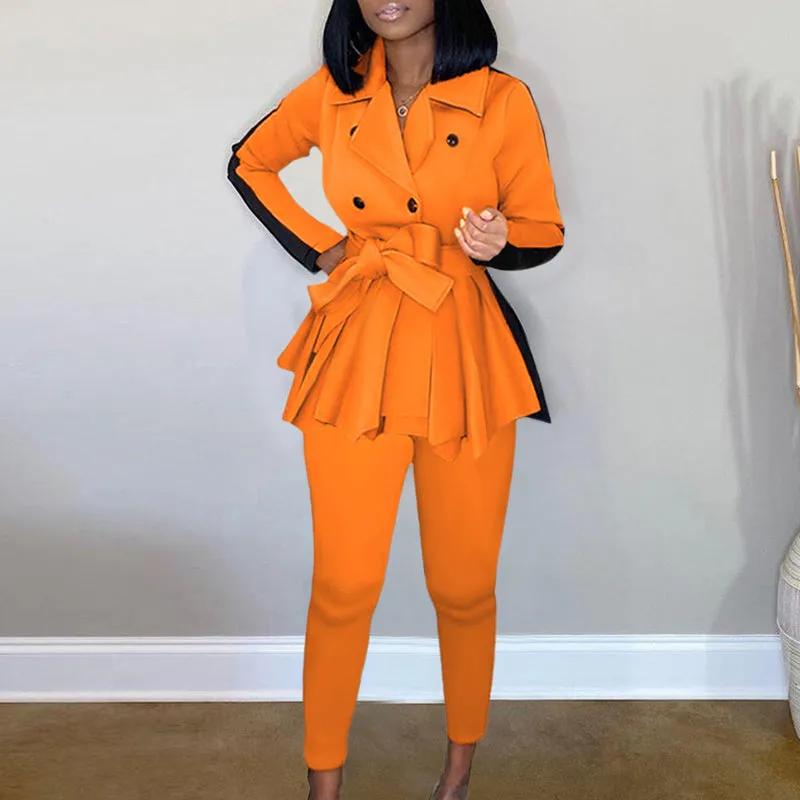 Lapel Double Breasted Long Sleeve Blazer Coat With Belt & Pants Suits