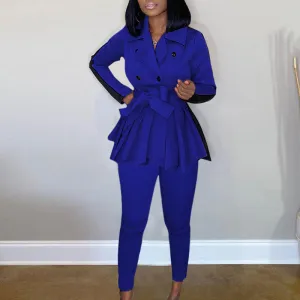 Lapel Double Breasted Long Sleeve Blazer Coat With Belt & Pants Suits