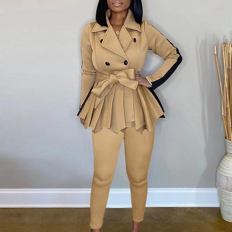 Lapel Double Breasted Long Sleeve Blazer Coat With Belt & Pants Suits