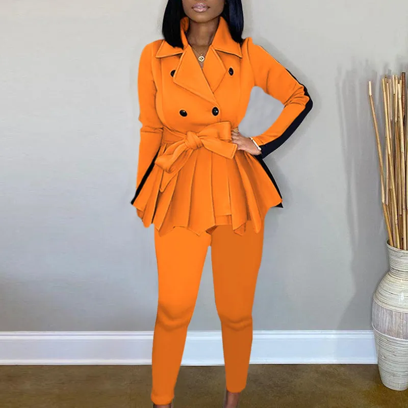 Lapel Double Breasted Long Sleeve Blazer Coat With Belt & Pants Suits