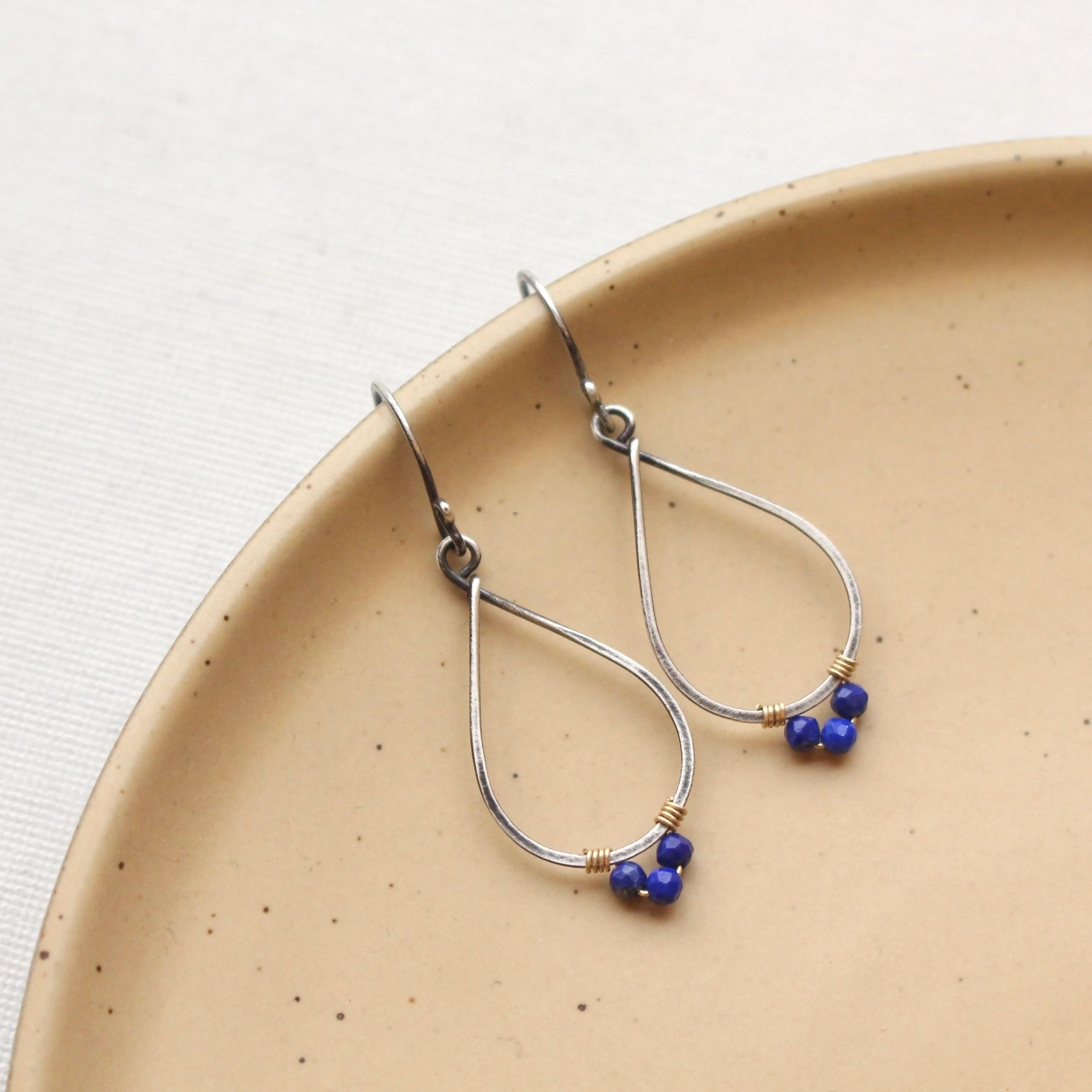 Lapis Wrapped Teardrop Mixed Metal Hoop Earrings